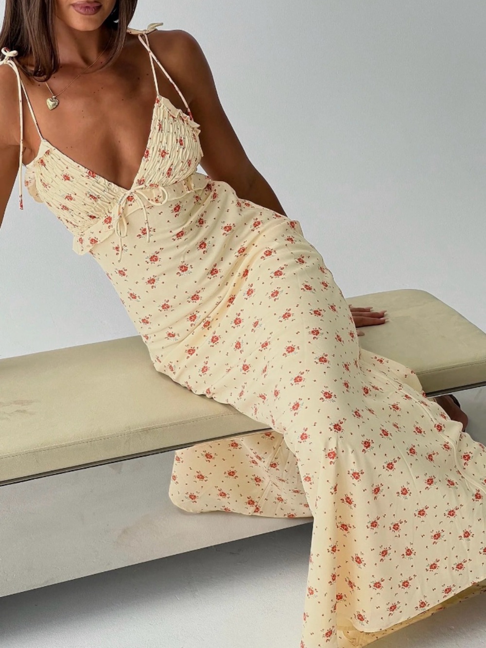 Princess Polly Morcar Frill V Neck Maxi Dress Yellow Floral 2 Small XS